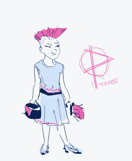 Rough sketch of a princess with a mohawk and can of paint in hands, while grinning and behind her a half rotated modified anarchist symbol so it looks like the letter 'p' from princess. 

I got this idea last week (just the name) and it's been in my head the whole week so I drew it. Let's see if I make it into a real illustration.