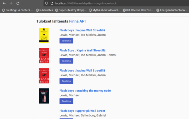 Kuvakaappaus paikallisella koneella pyörivästä bookwyrm sivusta jonka hakutuloksissa näkyy Finna API:n tulokset Flash boys hakusanalle