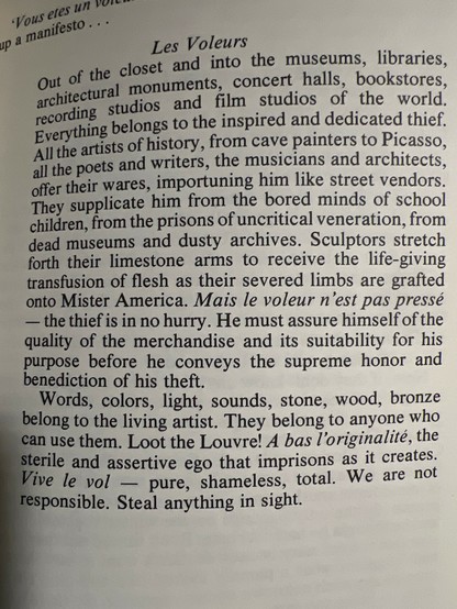 Photo of Brion Gysin and William S Burrough’s manifesto on artist theft. Published in The Adding Machine (1985)