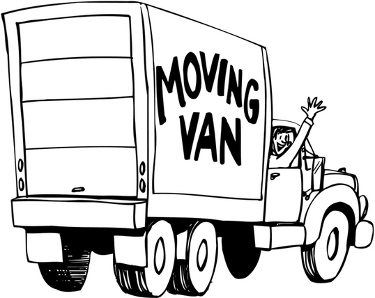 Clip art of a moving van, its passenger waving at the viewer.