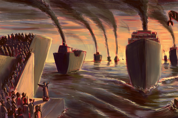 ugly little digital paintings of soldiers shipping out while cargo ships ship into a harbor, smoke billowing into the sky before an ocean sunset