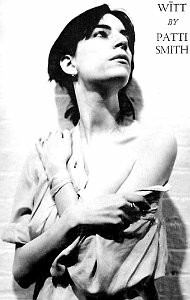 Picture: Patti Smith (*1946, Chicago, Illinois, USA), cover portrait by Robert Mappleforthe for "Wītt", poetry collection by P. Smith published in 1973.
#PattiSmith #poem #Rimbaud 

Following text: the first piece "NOTICE" from "Wītt".

NOTICE

These ravings, observations, etc. come from one who, beyond
vows, is without mother, gender, or country. who attempts to
bleed from the word a system, a space base. no rock island
but a body of phrases with all the promise of top soil or
a star. a core: a center that will hold, blossom and vein
the atmosphere with vascular tissue beams that illuminate
and reveal. 

longing for . . . a ticket. a slit. a peep-hole. some sign
from---. holding to the naïve belief that travel will
open---. get physically sick like adolescent. no hand job
for the word save travel. save one devour manuel, route map
and dictionaire. save ritual. save rhythm. save cous cous. 
god head dialect? foreign tongue kiss? internal voyage:
brain rocket. god my skull. yes travel is the key, not, as
rimbaud suggested, charity.