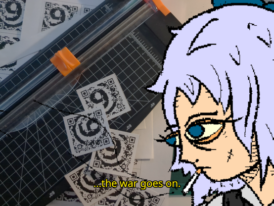 Cirno sits by a pile of homemade 9front.org qr codes:

"...the war goes on."