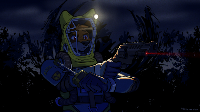 Digital fanart of a furry with gear and a weapon from the game STALKER 2 standing in front of an anomaly aiming at something out of view.
