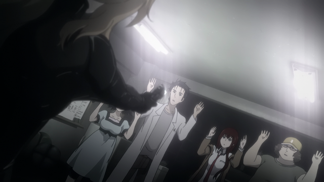 A woman (Moeka) holding up a gun with four people (Mayuri, Rintaro, Kurisu, Itaru) with the hands up.