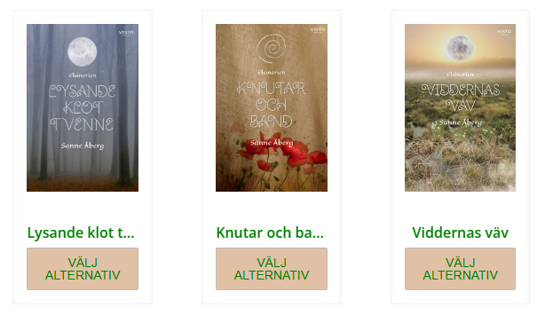 Bild som visar framsidan till de tre böckerna Lysande klot tvenne, Knutar och band, samt Viddernas väv.