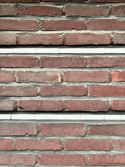 Drie rijen rode bakstenen met daartussen twee rijen dunne langwerpige witte tegels