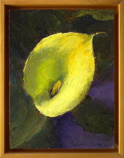 An oil painting of a yellow calla lily, placed against a warm green and dark violet background.