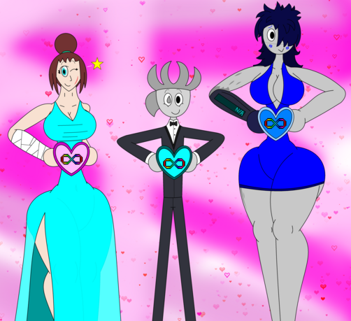 Mrs. Eddant, Mercury and Iridium celebrate Valentine's Day formally dressed, all holding a heart with a rainbow infinity on it each (Pink, Cyan, Blue respectively). Mrs. Eddant winks, Mercury smiles and Iridium feels shy.