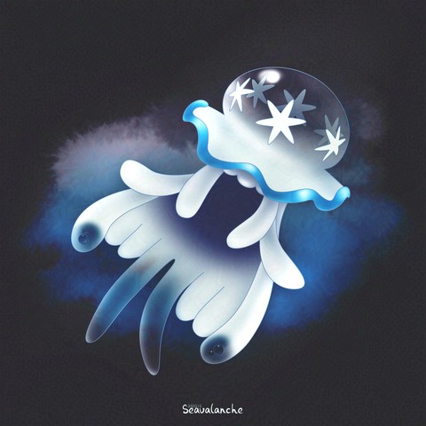 A digital drawing of a Pokemon Ultra Beast Nihilego drawn by Seavalanche. The Nihilego is simply floating, like a jellyfish, in an unknown space. The glass structure of its body reflects light beautifully.