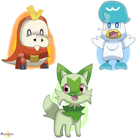 A drawing of Generation IX Pokémon starters: one is Sprigatito (small green cat with pink eyes), other is Fuecoco (small bipedal red crocodile with two yellow tufts on its head) and Quaxly (white duckling with a huge light-blue coif on its head).