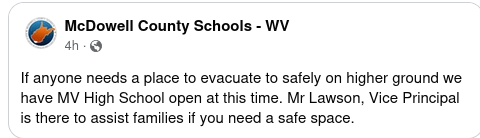 If anyone needs a place to evacuate to safely on higher ground we have MV High School open at this time. Mr Lawson, Vice Principal is there to assist families if you need a safe space.