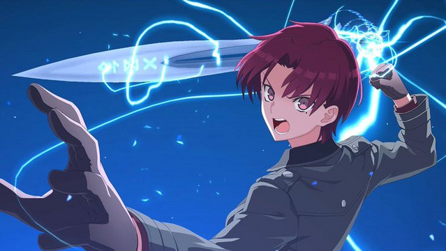 A screenshot from the mobile game Fate/GO featuring the character Bazett Fraga McRemitz, a red-purple haired Irish fighter in a suit, overcoat, and black leather gloves summoning her ultimate attack, Fragarach, an Irish magical sword of legend whilst shouting.