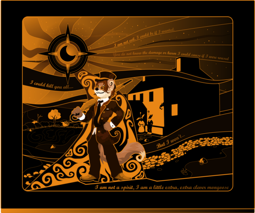 It's an anthropomorphic yellow mongoose in a brown suit and top hat, stood in front of a farmhouse, beneath a stylines night sky.