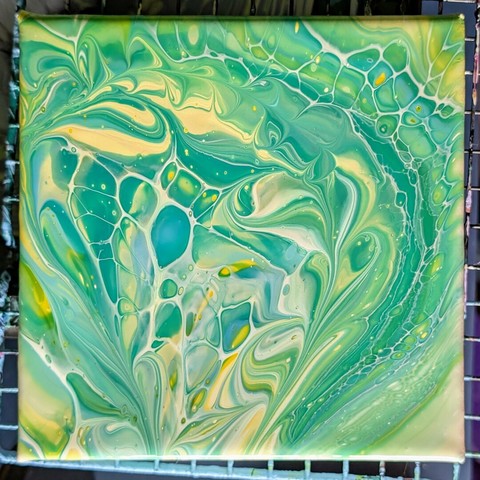A wrecked Shelee bloom swipe on a square canvas. The color palette is shades of yellow, turquoise, and green with white cell activator (although sadly, the number of cells is minimal).