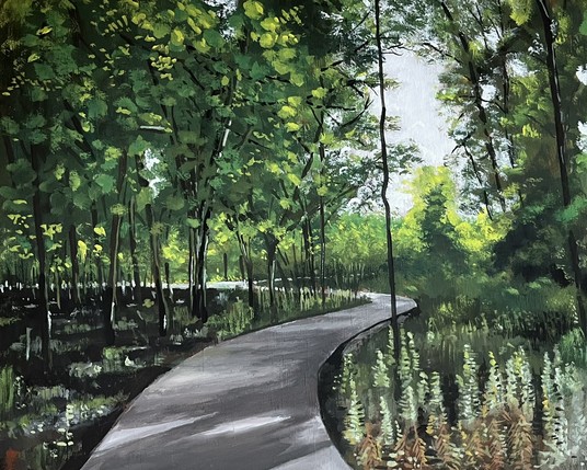 This us a painting depicting a wooden boardwalk winding through a lush, green forest. The artist captures the depth and atmosphere of the scene with vibrant greens and dappled sunlight filtering through the trees. The boardwalk, painted in cool gray tones, contrasts with the organic textures of the surrounding foliage, guiding the viewer’s eye deeper into the composition.

The perspective and curvature of the boardwalk add a sense of movement, inviting the viewer to imagine walking through this tranquil setting. The foliage is rendered with expressive brushwork, with darker tones in the foreground and lighter, more atmospheric hues in the background, creating depth.

(Alt-text auto-generated.)