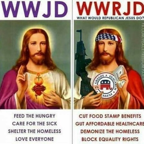 Two images of Jesus. One image has the words WWJD [What Would Jesus Do], followed by "Feed the hungry, care of the sick, shelter the homeless, love everyone."
The other image shows Jesus  holding a gun and money, with the words, "WWRJD - What what Republican Jesus Do?", followed by "Cut food stamps, gut affordable healthcare, demonize the homeless, block equality rights."
