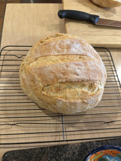 A freshly baked round loaf of bread resting on a cooling rack, with a wooden cutting board and a serrated knife visible in the background.