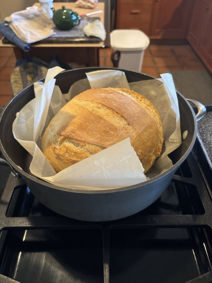 A freshly baked loaf of bread is resting in a pot lined with parchment paper, placed on a stovetop.