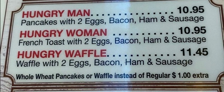 A piece of a restaurant menu with three items - the “Hungry Man”, the “Hungry Woman”, and the “Hungry Waffle”.