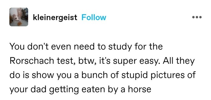 You don't even need to study for the Rorschach test, btw, it's super easy. All they do is show you a bunch of stupid pictures of your dad getting eaten by a horse