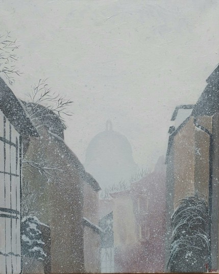 An acrylic painting on canvas. The perspective goes down a street, to the left and right are brick and framework houses. At the end of the street you see the dome of a bell tower rising over the houses. Snowflakes are blurring the view and let everything in a distance fade away.
The atmosphere is difficult to describe, since I love cold snowy days and always ascociate them with coziness. If you don't like the cold this might be a nightmare picture to you.