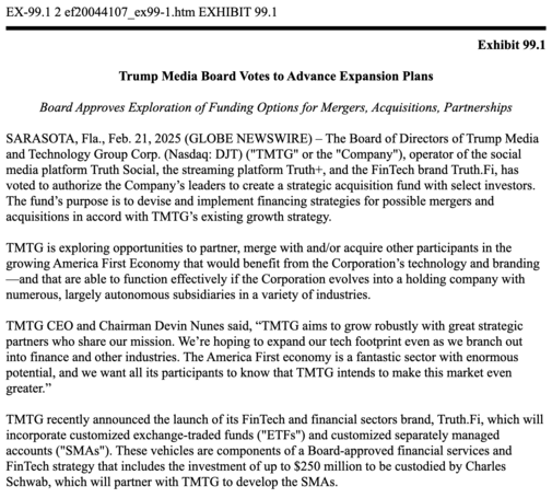 Image shows text from the Trump Media & Technology Group press release on Feb 21, 2025 with the title "Trump Media Board Votes to Advance Expansion Plans" - see link in post for the full release