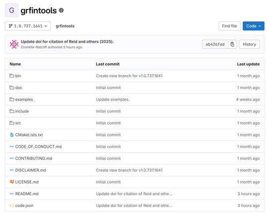 screen shot - grfintools software repository home page (https://code.usgs.gov/grfintools/grfintools)