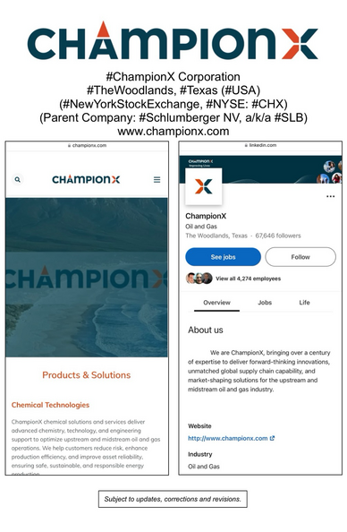 Logo and company information for ChampionX Corporation (The Woodlands, Texas).