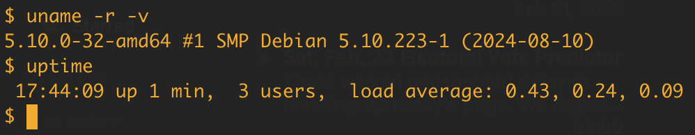 In-between-upgrades commands:

uname -r -v indicates a 5.10.0 Linux kernel compiled in August 2024, and a current uptime of 1 minute.