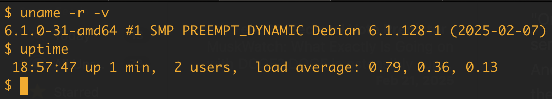 Post-upgrades commands:

uname -r -v indicates a 6.1.0 Linux kernel compiled in February 2025, and a current uptime of 1 minute.