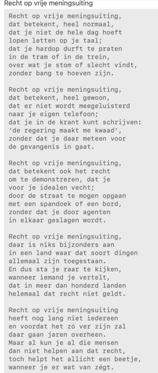 gedicht over vrijheid v. meningsuiting dat origineel op poster van Amnesty stond in 1998