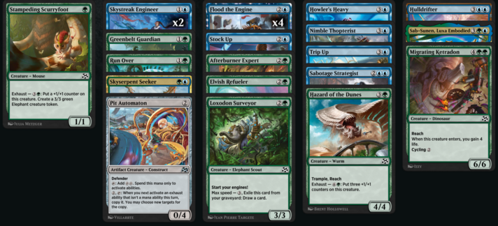 MtG Aetherdrift draft deck centered around the exhaust keyword ability and featuring Elvish Refueler, Afterburner Expert and Sab-Sunen