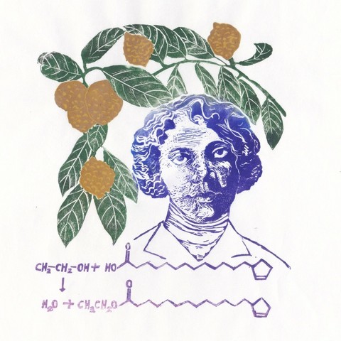 My linocut portrait of pharmaceutical chemist Alice Ball, a young Black woman in a lab coat, printed in indigo. Below her is the chemical reaction for Ball’s Process in violet. Above and around her is a branch of chalmoogra with green leaves and yellow fruit.