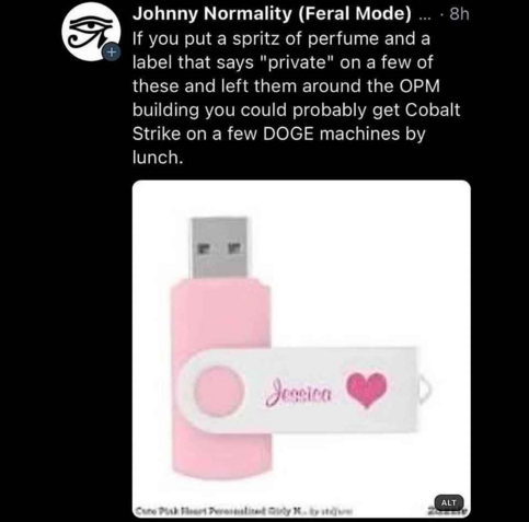 Johnny Normality (Feral Mode) posts:

If you put a spritz of perfume and a label that says "private" on a few of these (a pink USB drive labeled Jessica, with a heart sign) and left them around the OPM building you could probably get Cobalt Strike on a few DOGE machines by lunch.