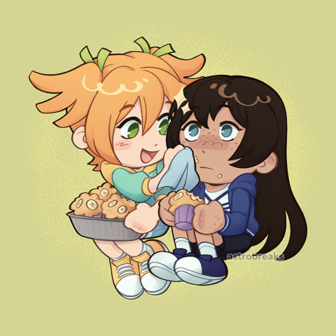 a digital chibi drawing of daiba nana and kagura hikari from the revue starlight franchise. they are sitting together, with some banana muffins in nana's lap, and hikari eating one of them. nana is wiping hikari's face from crumbs with a napkin, with hikari surprised and blushing slightly.