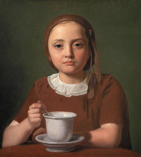 A painting from the Danish Golden Age. A bored-looking child sits at a table with a cup and saucer before her, one arm resting on the table, and with the other she rests her elbow and holds a spoon. She is dressed in a brown dress with white lace at the collar, and a hairnet hold her blonde hair. She looks directly at us, uninterested and unimpressed.