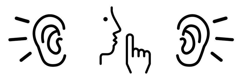Shut up and listen: an illustration showing a person going "sh" surrounded by two ears listening