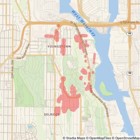 A map showing the location of the outage, centered around Madrone Vista in the Youngstown area.
