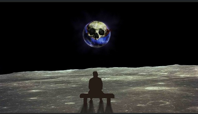 Ilustración ó composición creada por el artista francés Michel Granger, conocido por sus portadas de álbumes del músico Jean-Michel Jarre. Se ve la sombra de un solitario hombre sentado en un banco, en la misma Luna, con el planeta Tierra, muriéndose, de fondo.