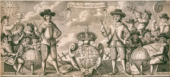 An engraving of ‘England’s Famous Discoverers,’ with Willoughby center right.