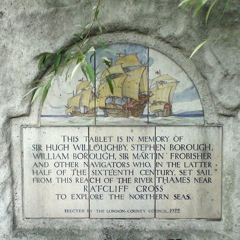 photo - This tablet is in memory of Sir Hugh Willoughby, Stephen Borough, William Borough, Sir Martin Frobisher and other navigators who in the latter half of the sixteenth century set sail from this reach of the River Thames near Ratcliff Cross to explore the northern seas; This unique Portland stone LCC tablet, featuring inset painted tiles depicting three galleons, was designed by the LCC architect G. Topham-Forrest. It is positioned in front of the round ventilator shaft of the Rotherhithe tunnel which is Grade II listed. The King Edward VII Memorial Park occupies the site of a fish market cleared during the construction of the tunnel.