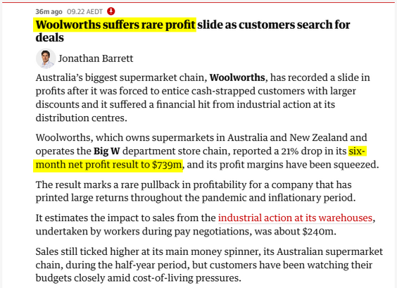 Grauniad story about how Woolworths did not make as much money as they have previously. In the six months to the end of the correct reporting period, their net profit was a mere $739 million.

It's fucking tragic is what it is.