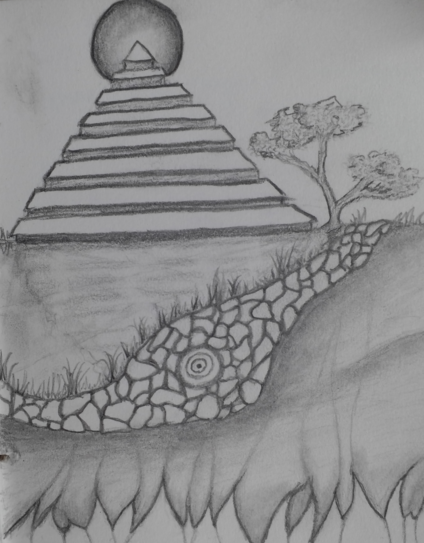 a pencil drawing, abstract-ish. Looks like a step pyramid on a horizon with a globe shape behind the tip, a tree next to it, a stoney riverbed in foreground, with flame-shapes along the bottom.