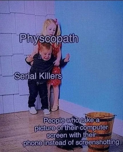 A meme showing a little girl labeled "Psychopath," a boy labeled "Serial Killers," and text at the bottom saying, "People who take a picture of their computer screen with their phone instead of screenshotting.