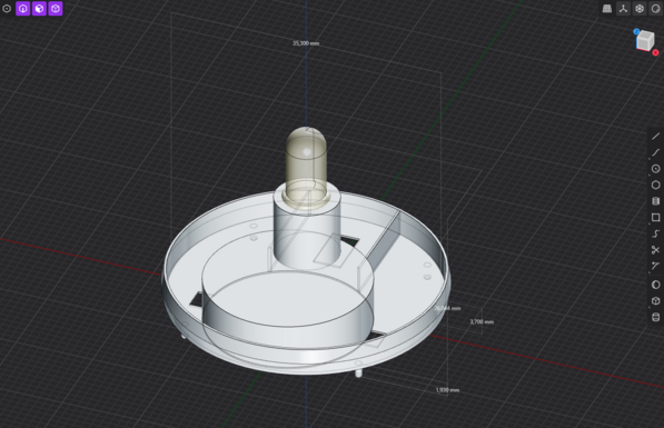 A 3D CAD model of an LED tealight candle displayed in a dark grid workspace. The model features a circular base, a cylindrical LED holder, and internal compartments for electronic components. Measurement annotations are visible, showing dimensions. The interface includes various design tools on the right side.