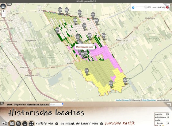 Kaartoverlay van de parochie Katlijk uit 1832 over een ctuele kaart van OSM