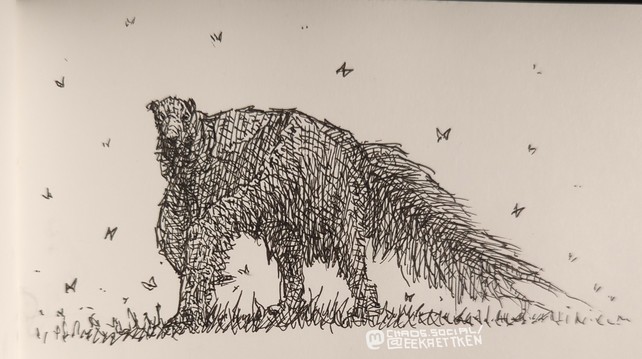 Black Fineliner on paper

Sketch of an ant-eater walking in the grass, butterflies flying around.