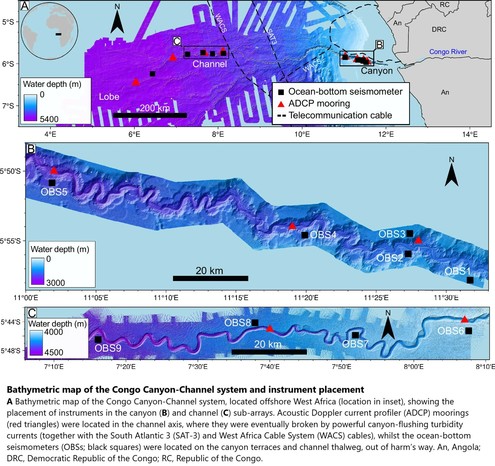 Bathymetric map of the Congo Canyon-Channel system and instrument placement