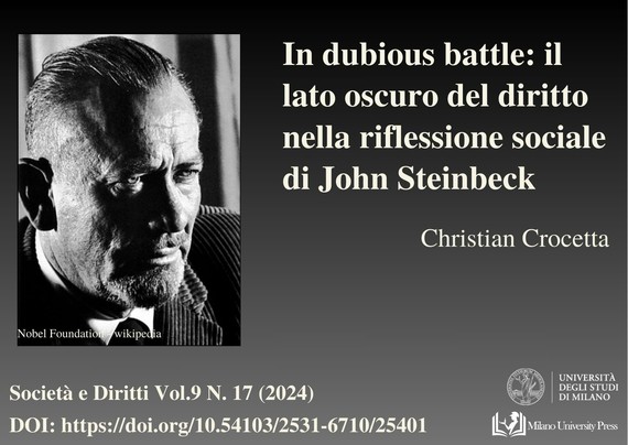 Titolo articolo "In dubious battle: il lato oscuro del diritto nella riflessione sociale di John Steinbeck" della rivista Società e Diritti